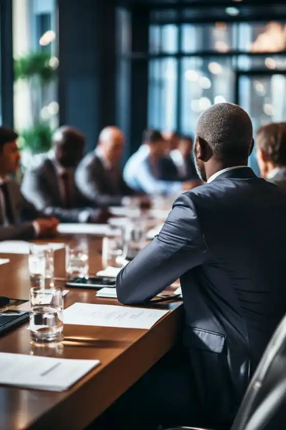 Executivos reunidos em sala de reunião corporativa